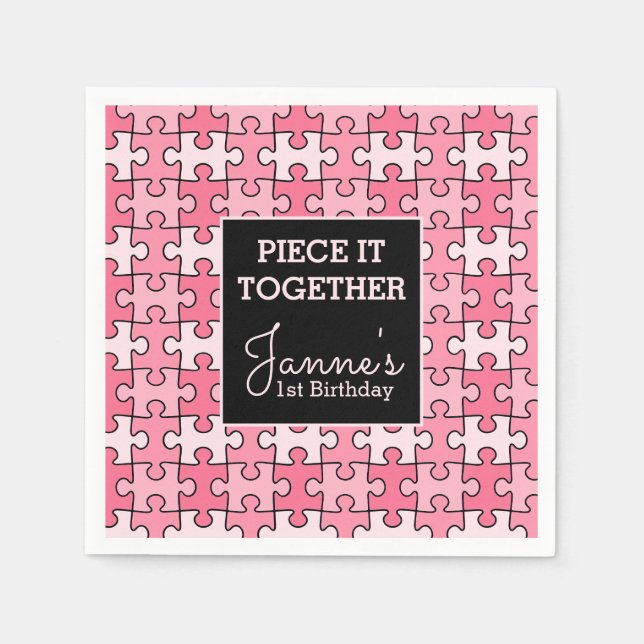 Servilleta De Papel Sweet Pink Black Piece It Together Puzzle Birday (Anverso)