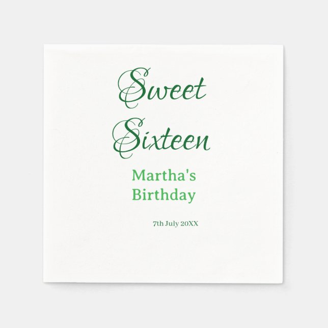 Servilleta De Papel Sweet Sixteen green name date calligraphy boho ret (Anverso)