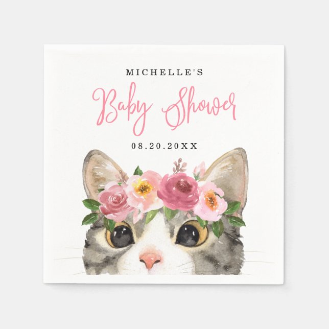 Servilleta De Papel Sweet Watercolor Kitty Chica Baby Shower (Anverso)