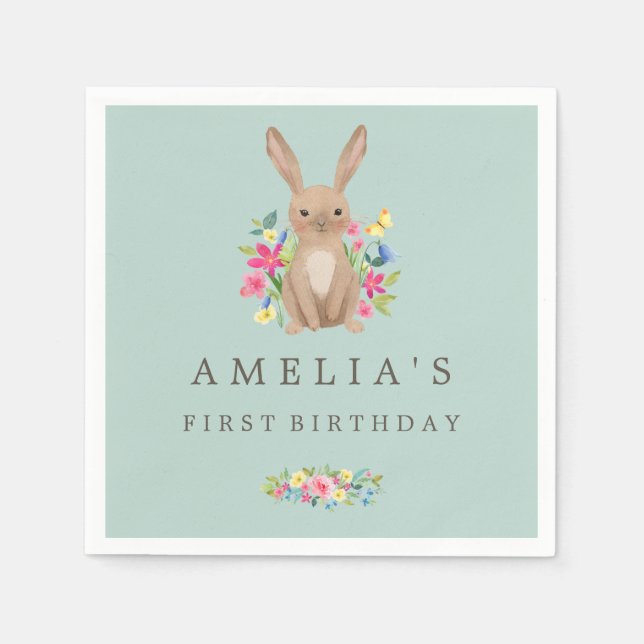 Servilleta De Papel Sweet Woodland Bunny First Birday Napkin (Anverso)