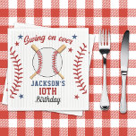 Servilleta De Papel "Swing On Over – Baseball Birthday Party<br><div class="desc">Step up to the plate and celebrate in style with this classic baseball-themed birthday invitation! Featuring bold “SWING ON OVER” text, red pinstripes inspired by a baseball jersey, crossed bats, and a baseball, this design is perfect for your little slugger’s big day. Great for boys of all ages who love...</div>