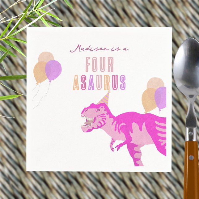 Servilleta De Papel T-Rex Rosa Cute Cualquier Era Fiesta De Cumpleaños (Change FOUR to any age for your custom pink dinosaur birthday party paper napkins)