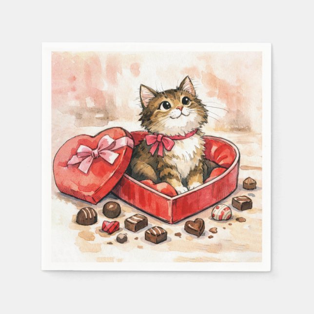Servilleta De Papel Tabby Cat In a Valentine Heart Candy Box (Anverso)