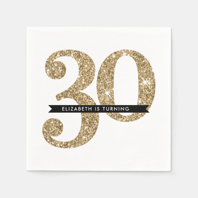 Servilleta De Papel TABLA fiesta GRAN EDAD 30 purpurina de oro moderno (Anverso)