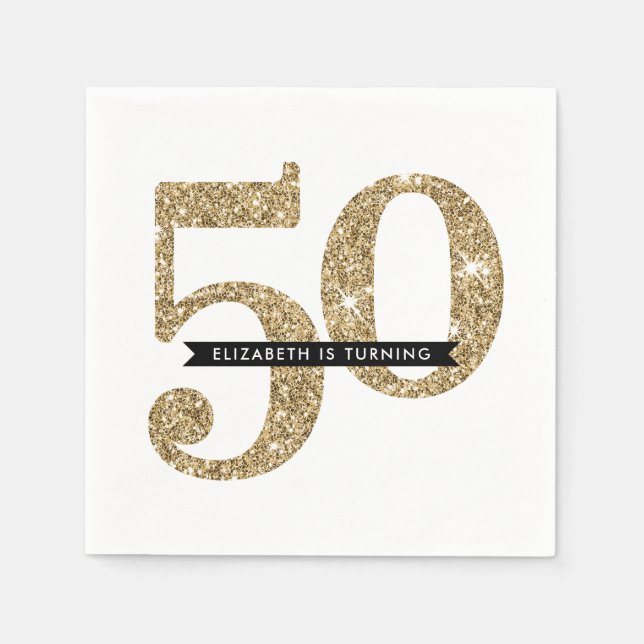 Servilleta De Papel TABLA fiesta GRAN EDAD purpurina de oro de 50 glam (Anverso)