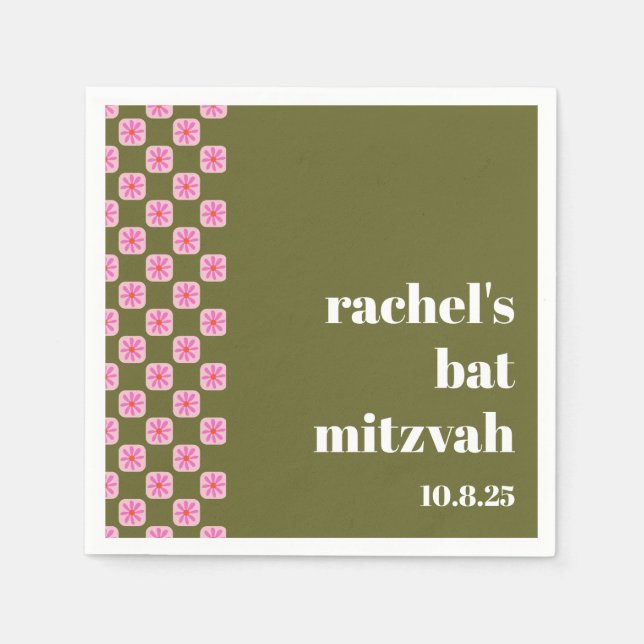 Servilleta De Papel Tablero retro floral Tablero verde rosa Mitzvah (Anverso)