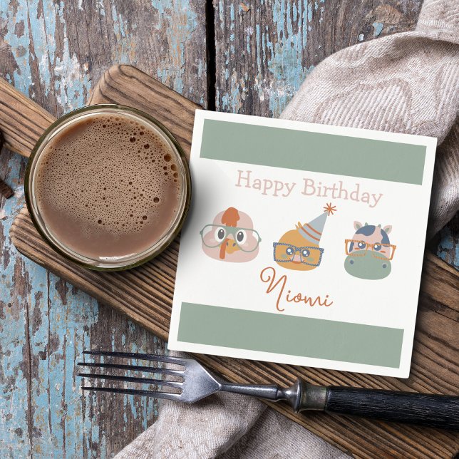 Servilleta De Papel Tableware de la fiesta de cumpleaños de animales d (Farm Animal Birthday Napkins Turkey Chicken Cow Green Border)