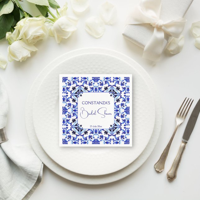 Servilleta De Papel Talavera azulejo baldosas azules regadera de la no (Talavera azulejo blue tiles vintage Mexican bridal shower monogram printed Napkins table decor)