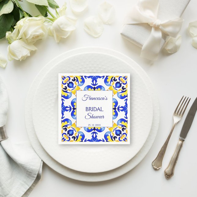 Servilleta De Papel Talavera azulejo baldosas azules regalo de boda me (Talavera azulejo blue tiles vintage Mexican bridal shower monogram printed Napkins personalized deco)