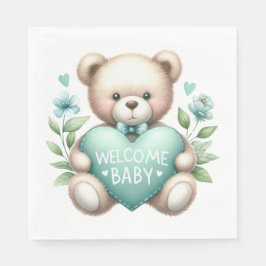 SERVILLETA DE PAPEL TAN TEDDY BEAR CON PASTEL VERDE HEART