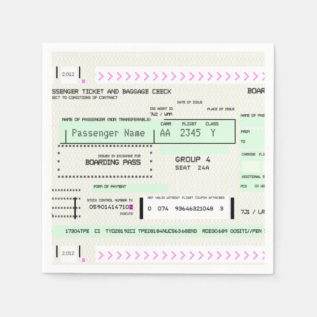 Servilleta De Papel Tarjeta de embarque para pasaje en línea aérea de  (Anverso)