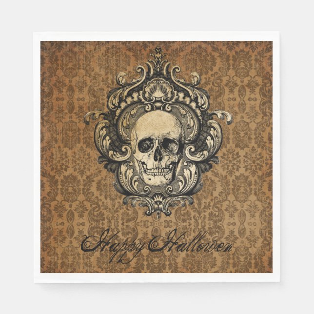 Servilleta De Papel Tarjeta de Halloween de Damask con cráneo gótico d (Anverso)