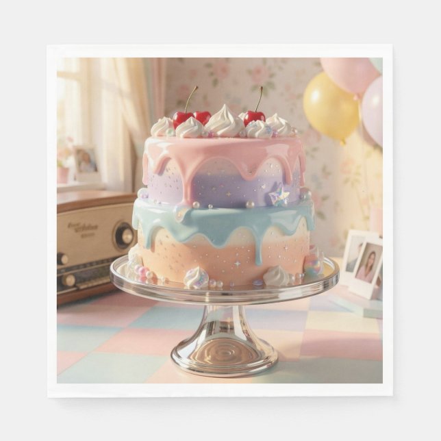 Servilleta De Papel Tarta de Cumpleaños de Vidrio Pastel con Cerezas (Anverso)