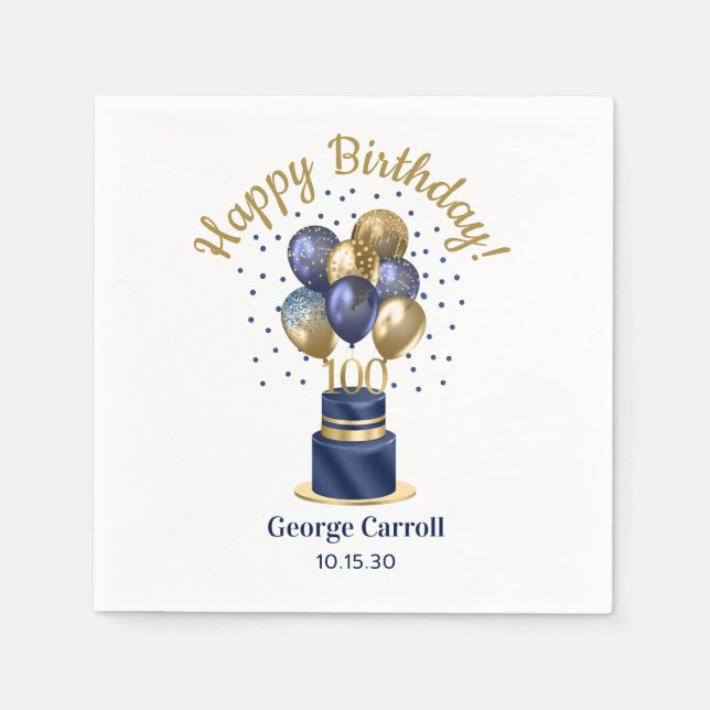 Servilleta De Papel Tarta de globos azules de cumpleaños número 100 (Anverso)