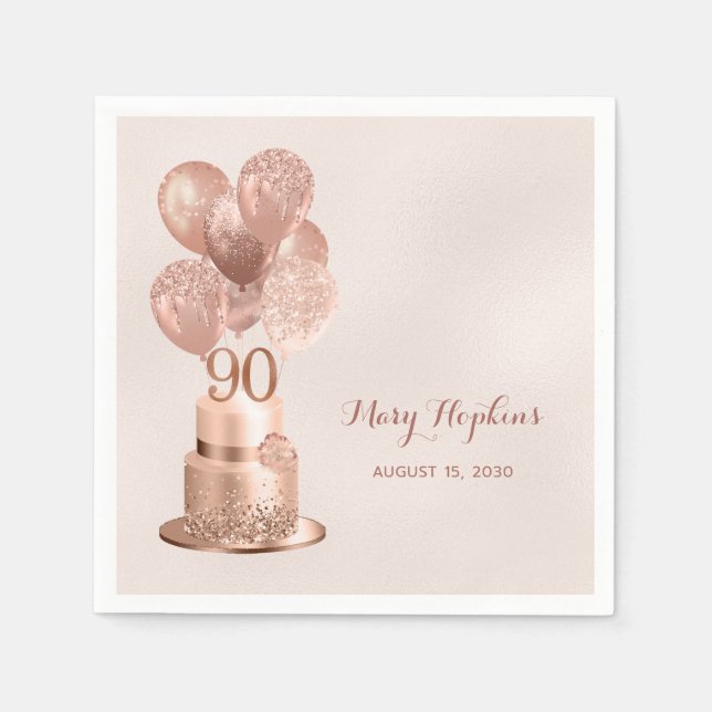 Servilleta De Papel Tarta de oro rosa para 90 cumpleaños (Anverso)