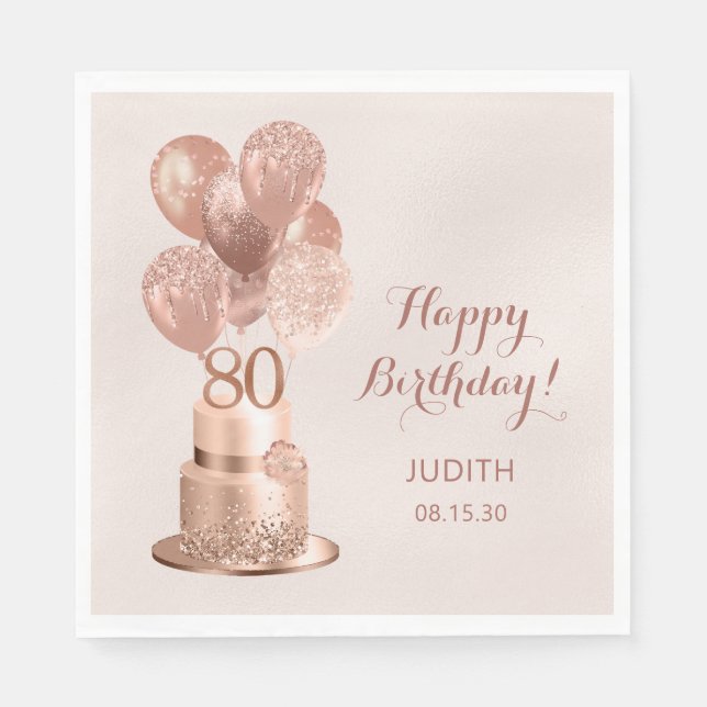 Servilleta De Papel Tarta de oro rosa para el 80 cumpleaños  (Anverso)