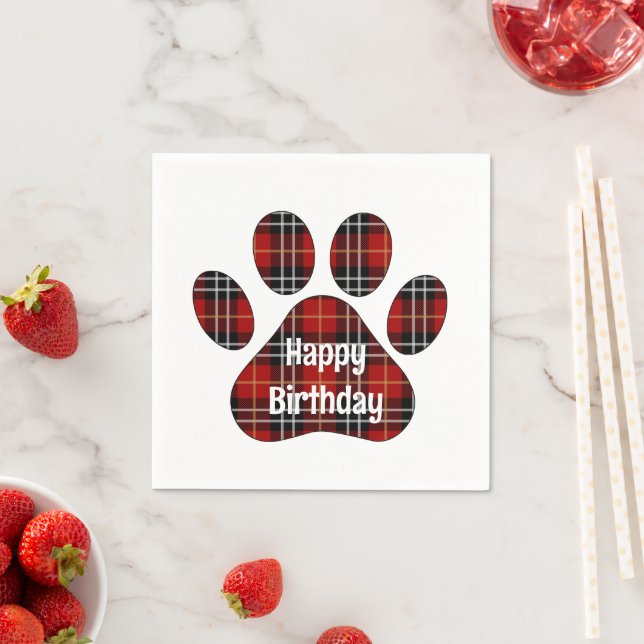 Servilleta De Papel Tartan Plaid Birthday Pawprints (In situ)