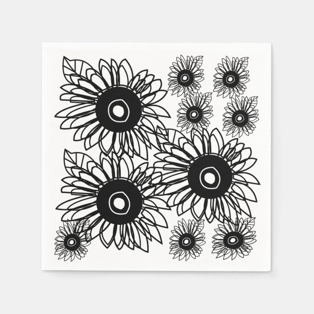 Servilleta De Papel Tattoo Sunflower Floral Tatuaje blanco negro (Anverso)