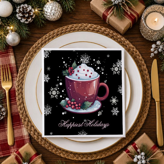 Servilleta De Papel Taza de Chocolate Caliente de Navidad | Negro (Christmas Cup of Hot Chocolate Black Party Napkins)