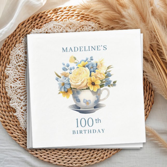 Servilleta De Papel Taza de té Amarillo Flores Azules Cumpleaños 100 (Blue teacups with yellow floral birthday party paper napkins, customizable with your text)
