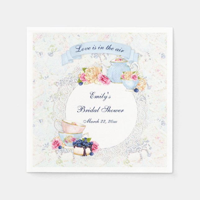Servilleta De Papel Tazas de té para fiesta del té Tetera Azul Blanco  (Anverso)