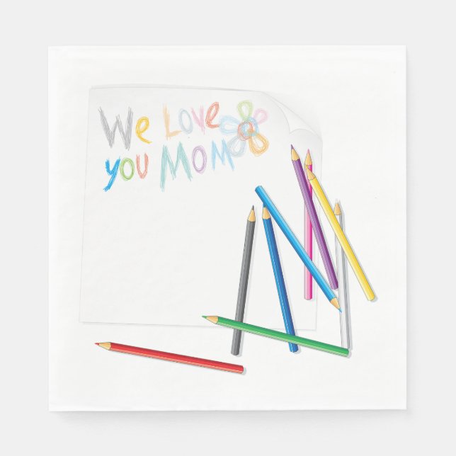 Servilleta De Papel Te Amamos Mamá Arte Dibujado a Crayón (Anverso)