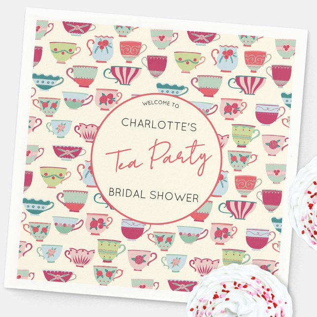 Servilleta De Papel Té de Despedida de Soltera con Estilo Antiguo (Modern vintage teacup pattern personalized bridal shower tea party themed paper napkins)