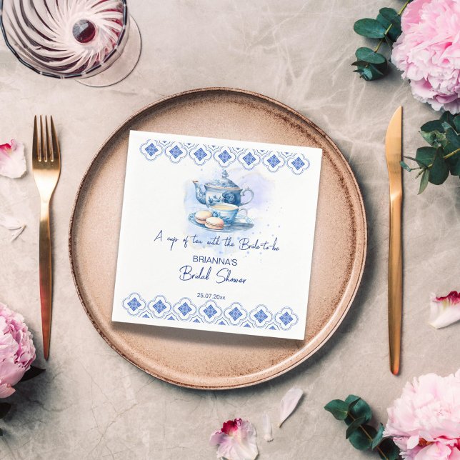 Servilleta De Papel Té de fiesta de soltera partido baldosas azules te (Something blue bridal shower napkins blue tiles tea pot tea party bridal shower napkins)