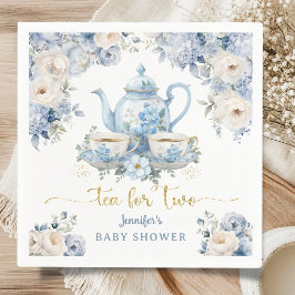 Servilleta De Papel Té para Dos Fiesta de Bebé Niño Floral Azul Dorado