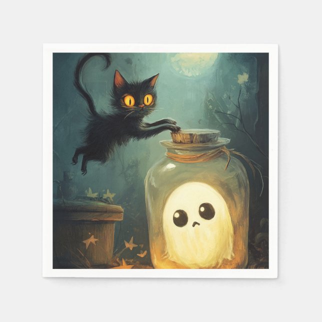 Servilleta De Papel Te tengo - Gato de Halloween y Fantasma (Anverso)