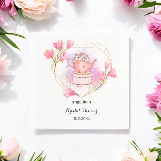 Servilleta De Papel Tea Pot Bridal Shower Pink Rose Gold Floral (Subido por el creador)
