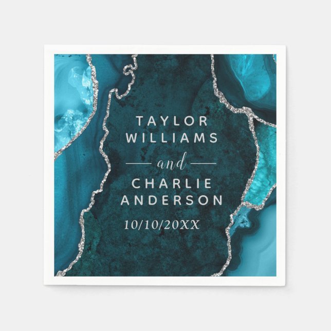 Servilleta De Papel Teal and Silver Agate Marble Wedding (Anverso)