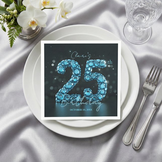 Servilleta De Papel Teal Blue Diamond Gemstone Glam 25th Birthday (Subido por el creador)