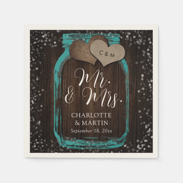 Servilleta De Papel Teal Mason Jar Wood Mr. & Mrs. Wedding (Anverso)