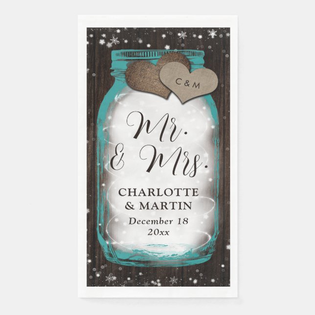 Servilleta De Papel Teal Mason Jar Wood Mr. & Mrs. Winter Wedding (Anverso)