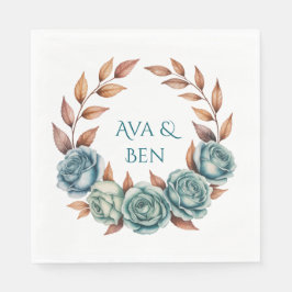 Servilleta De Papel Teal Roses and Copper Leaves Wedding