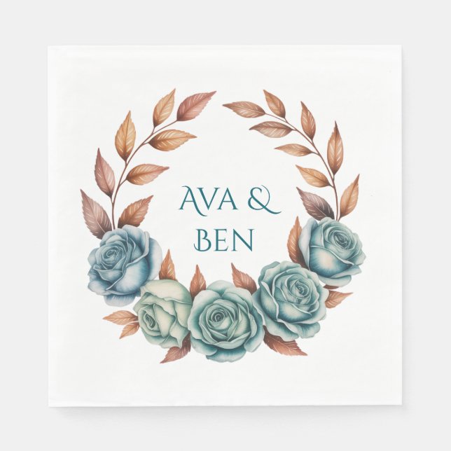Servilleta De Papel Teal Roses and Copper Leaves Wedding (Anverso)