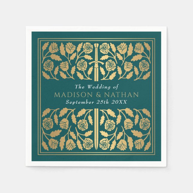 Servilleta De Papel Teal Royal Medieval Gold Sword Wedding (Anverso)
