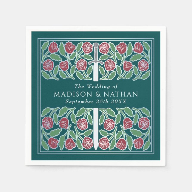 Servilleta De Papel Teal Royal Medieval Silver Floral Sword Wedding (Anverso)