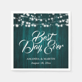Servilleta De Papel Teal Wood String Lights Rustic Wedding