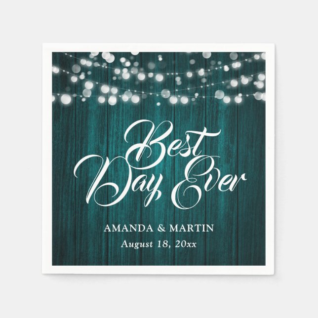 Servilleta De Papel Teal Wood String Lights Rustic Wedding (Anverso)