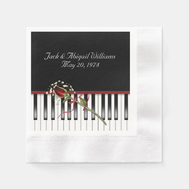 Servilleta De Papel teclado de piano con rosa rojo anverso (Anverso)