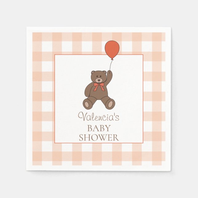 Servilleta De Papel Teddy Bear and Balloon Orange White Baby Shower (Anverso)
