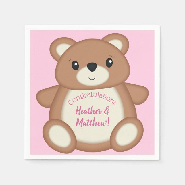 Servilleta De Papel Teddy Bear Baby Shower Chica rosa (Anverso)
