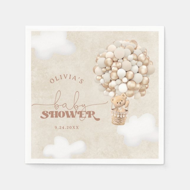 Servilleta De Papel Teddy Bear Balloon Neutral Baby Shower Napkins (Anverso)