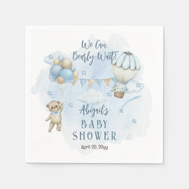 Servilleta De Papel Teddy Bear Balloons Boy Bearly Wait Baby Shower (Anverso)