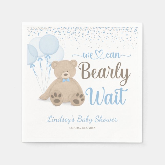 Servilleta De Papel Teddy Bear Bearly Wait Confetti Boy Baby Shower (Anverso)