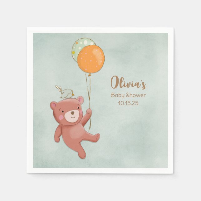 Servilleta De Papel Teddy Bear, Bird and Balloons Baby Shower (Anverso)