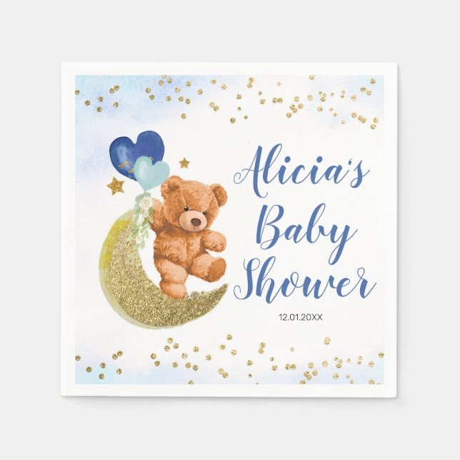 Servilleta De Papel Teddy Bear Blue Balloon Baby Shower Napkins (Anverso)