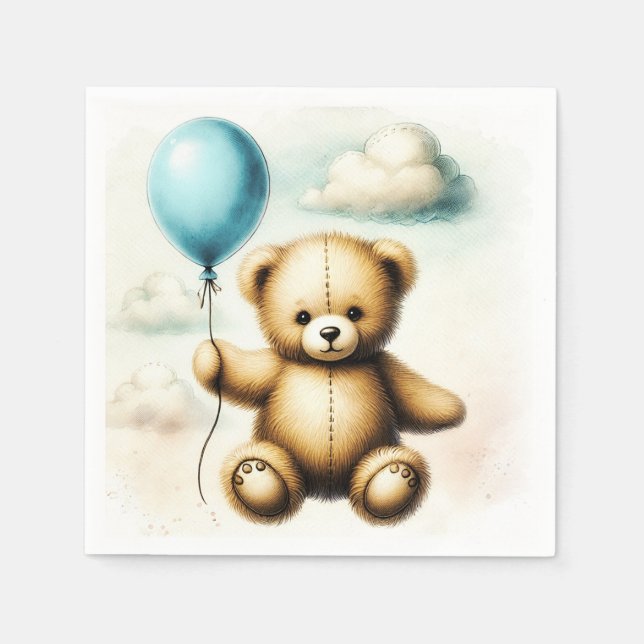 Servilleta De Papel Teddy Bear Blue Balloon Bearly Wait Baby Shower (Anverso)